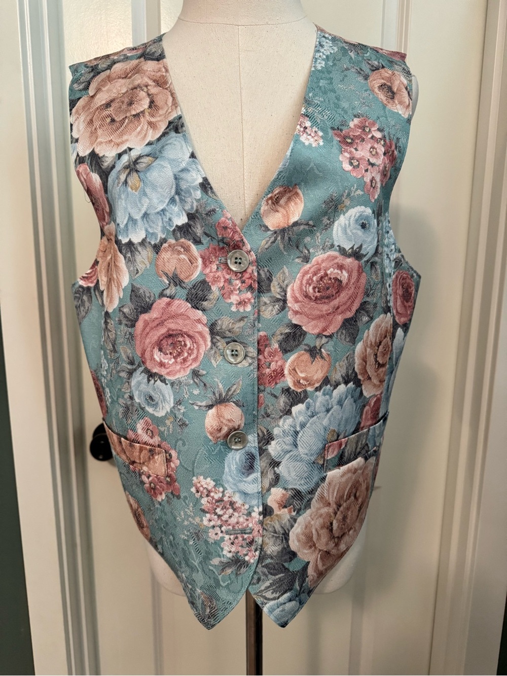 VTG Alfred Dunner Teal Floral Brocade Vest with Pink Blooms